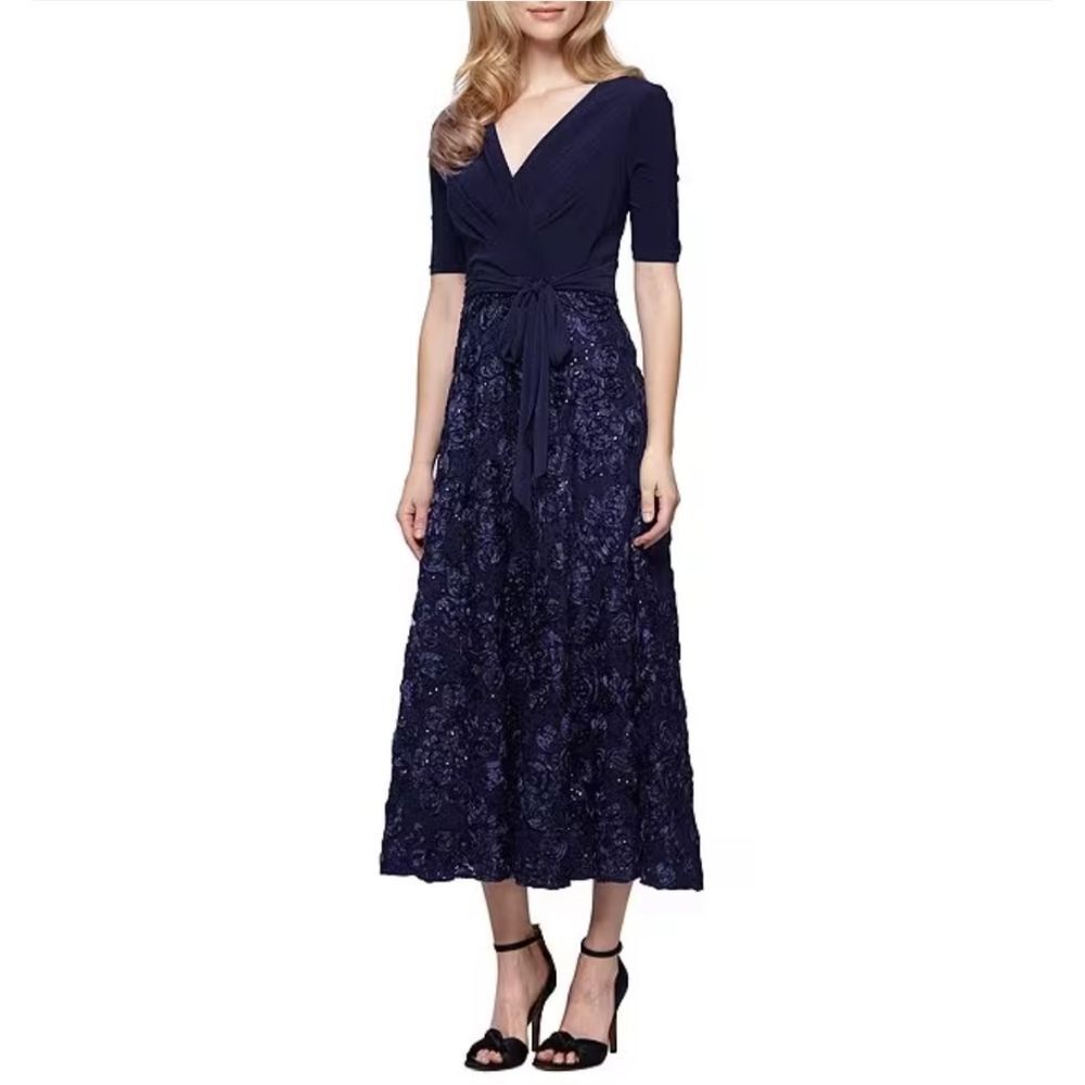 Alex Evenings Size 12 Navy Blue 3D Satin Ribbon Rosette Lace Sequin Midi Gown